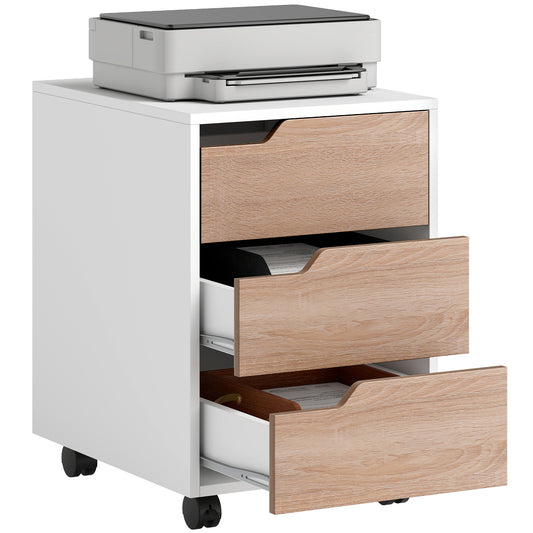 Three-drawer mobile file cabinet with oak-look fronts, open drawers, and a printer on top