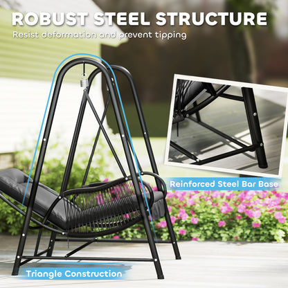 Rattan swing chair with steel stand and reinforced triangular base
