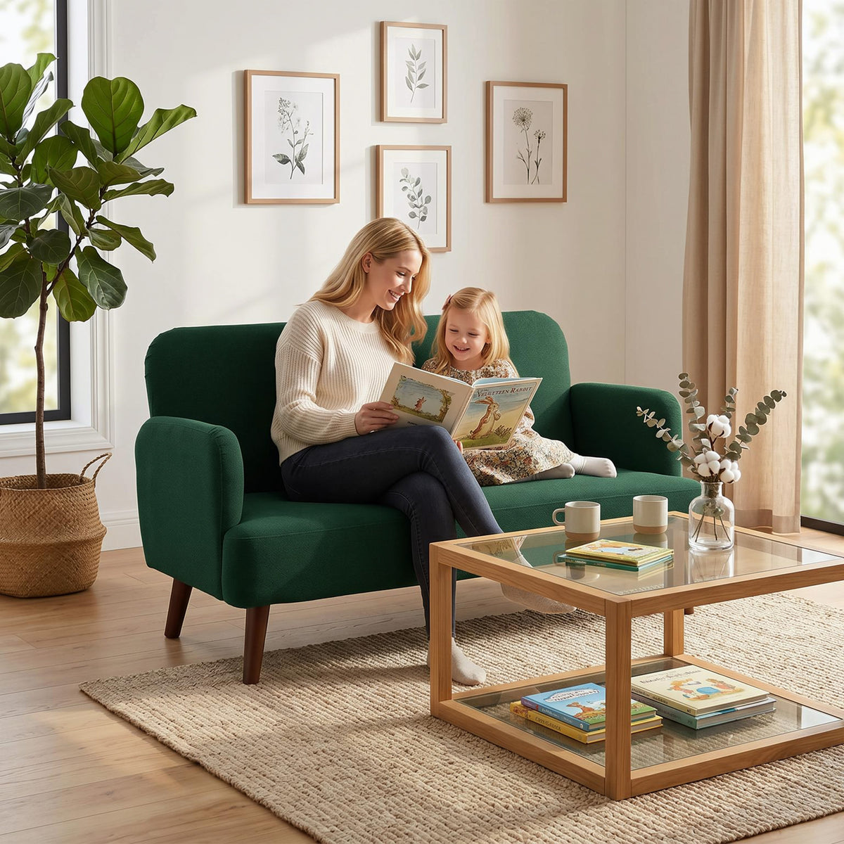 HOMCOM Velvet Feel Fabric 2 Seater Sofa, Small Sofa Loveseat with 21cm Thick Padding and Wood Legs, Dark Green