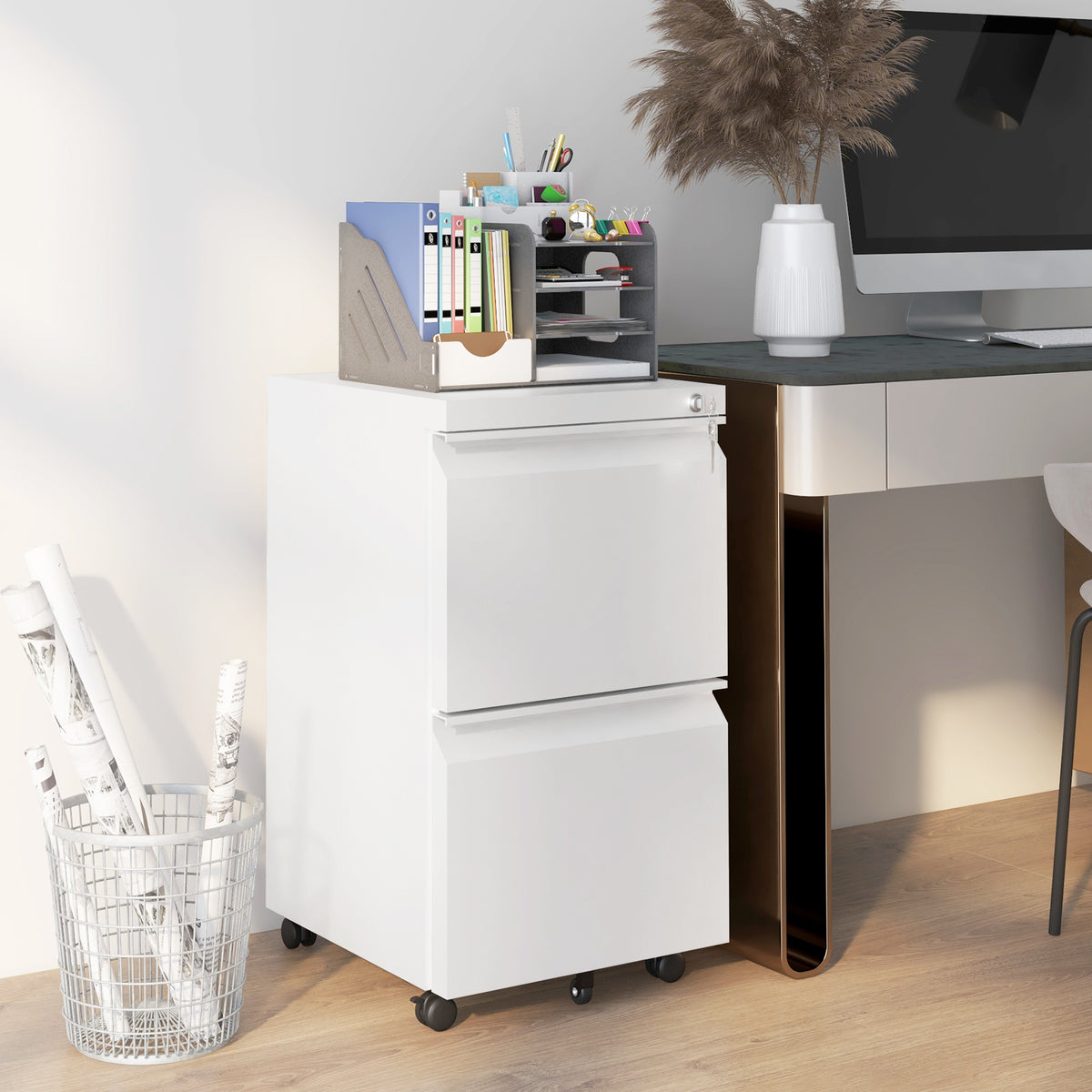 Vinsetto 2-Drawer Filing Cabinet w/ Adjustable Hanging Bar Lockable File Cabinet White