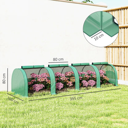 Green low tunnel greenhouse with arched cover, 395 cm long and 100 cm wide