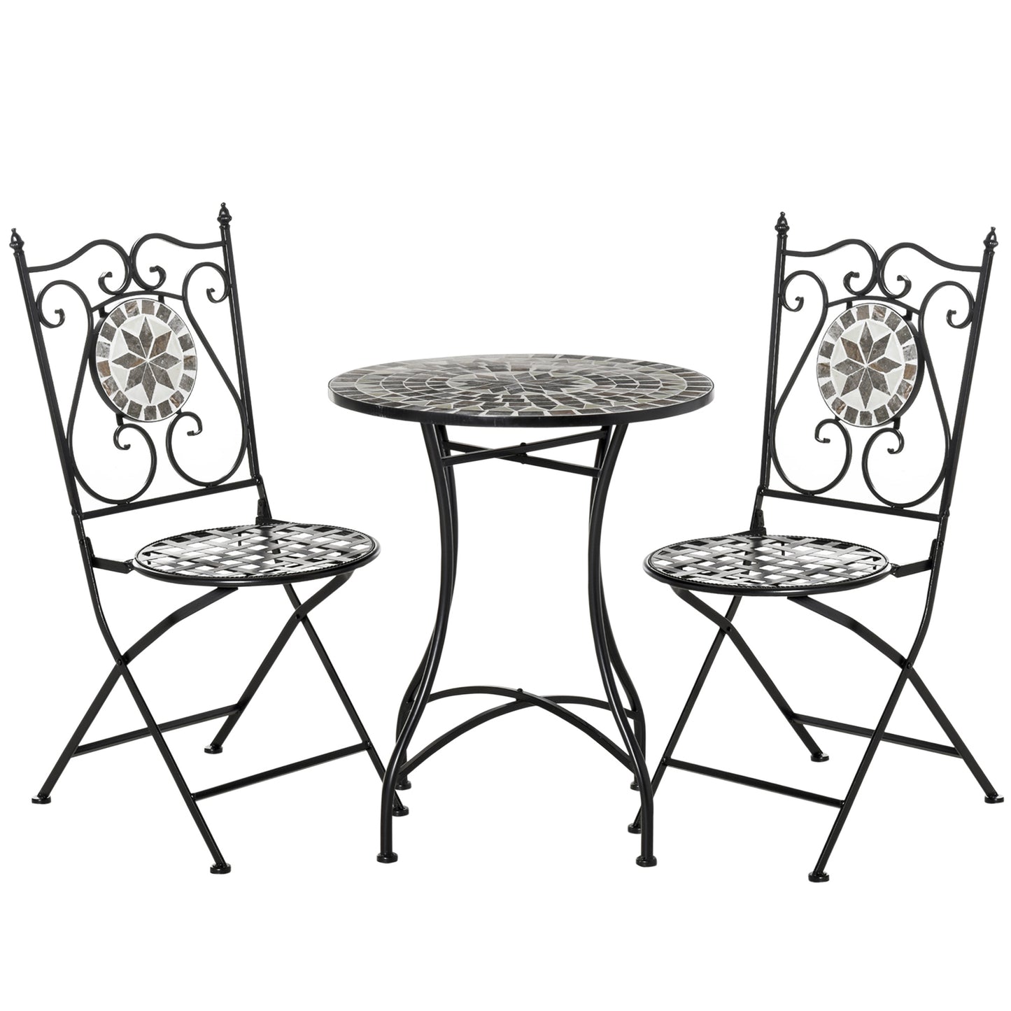 Photo of Outsunny 3 Pcs Mosaic Tile Garden Bistro Set Outdoor Seating w/ Table 2 Folding Chairs Set Metal Frame Elegant Scrolling Indoor Patio Balcony in Balcony colour on a white background