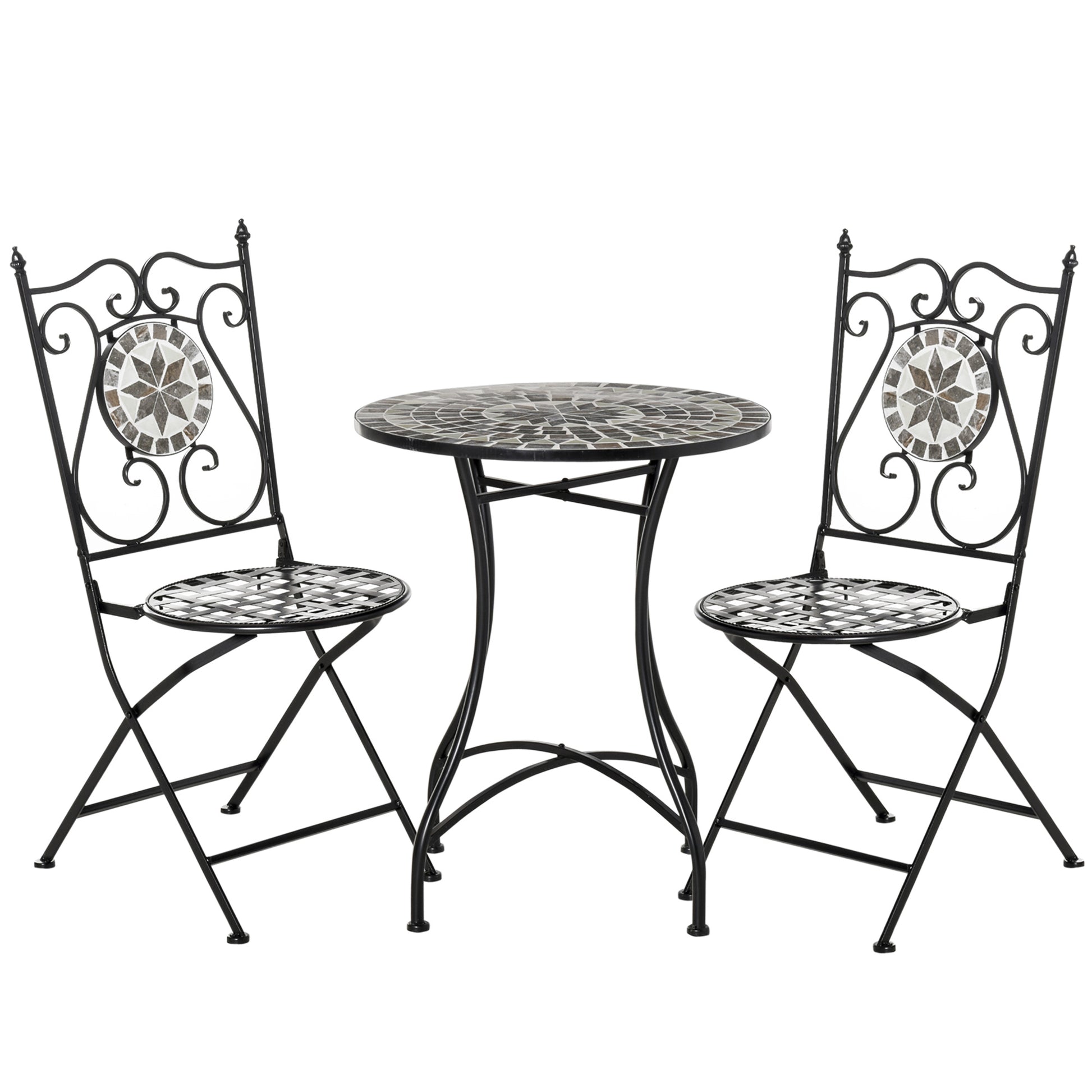 Photo of Outsunny 3 Pcs Mosaic Tile Garden Bistro Set Outdoor Seating w/ Table 2 Folding Chairs Set Metal Frame Elegant Scrolling Indoor Patio Balcony in Balcony colour on a white background