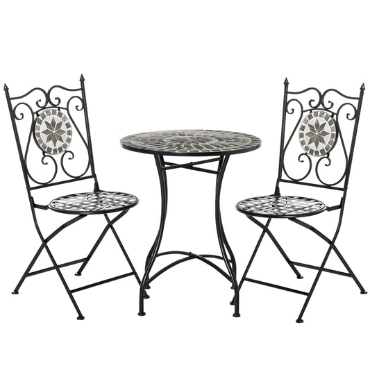 Photo of Outsunny 3 Pcs Mosaic Tile Garden Bistro Set Outdoor Seating w/ Table 2 Folding Chairs Set Metal Frame Elegant Scrolling Indoor Patio Balcony, Grey in Grey colour on a white background