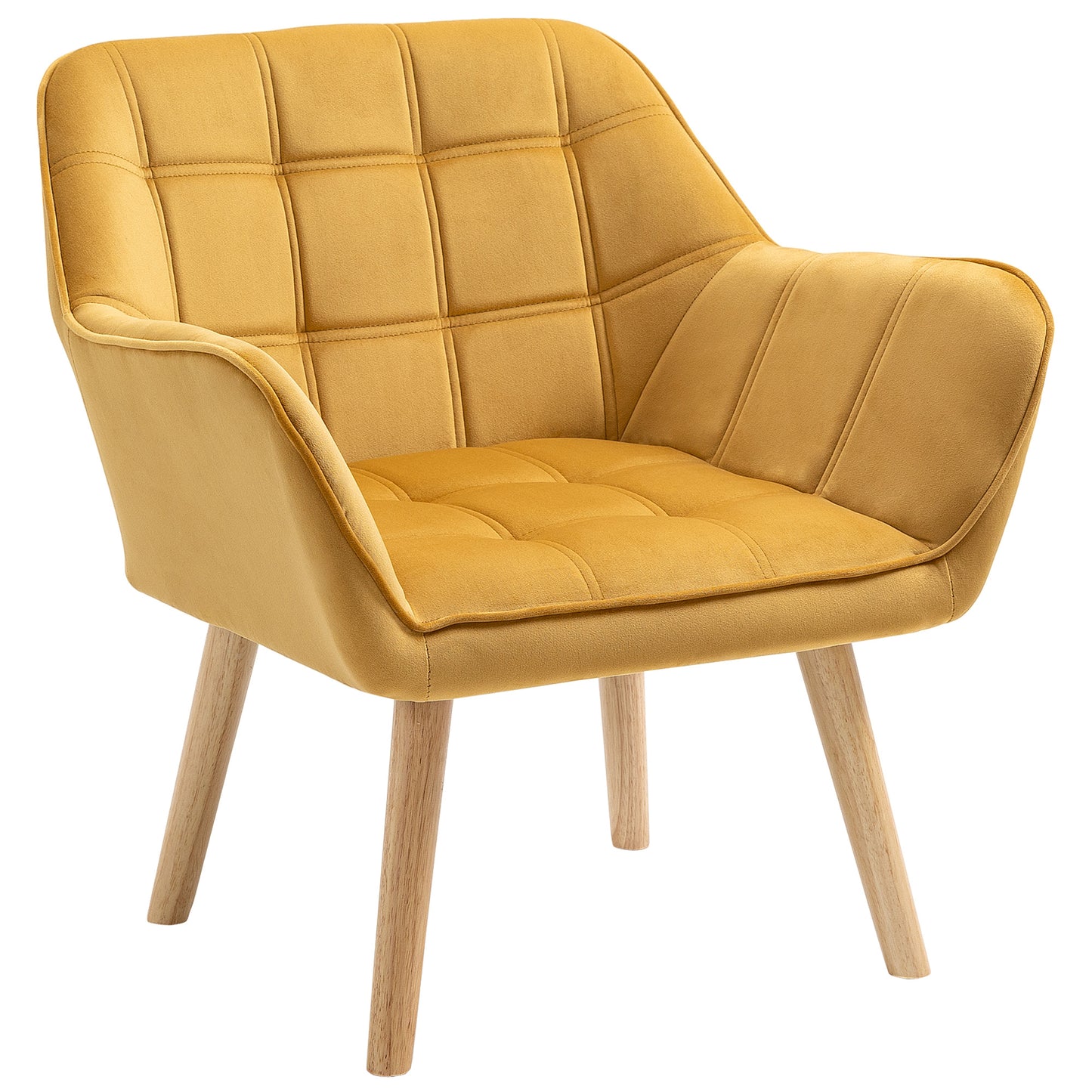 Photo of HOMCOM Accent Chair, Velvet Upholstered Vanity Tub Chair with Flared Armrests, Slanted Back, Solid Wood Legs, Comfy Padding Armchair, Home Bedroom Furniture Seating, Yellow in Yellow colour on a white background
