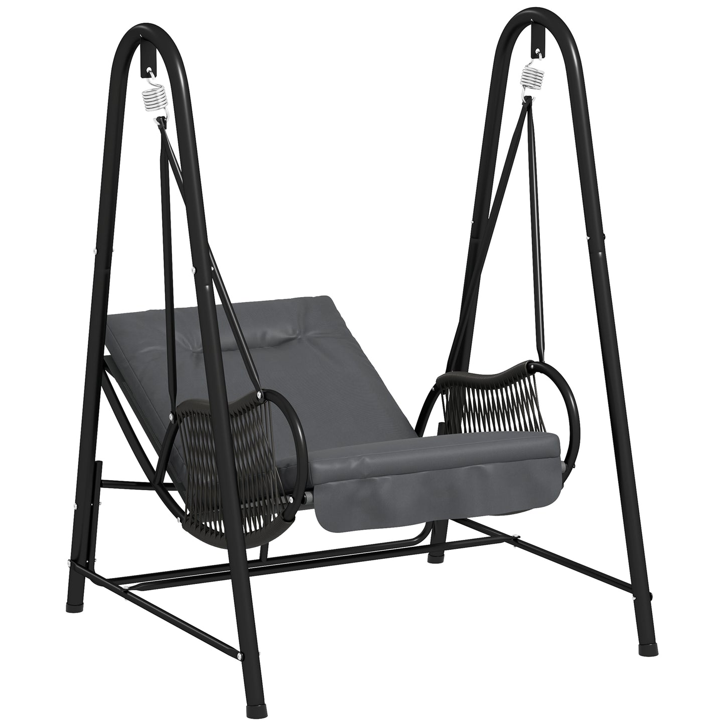 Photo of Outsunny Rattan Swing Chair, Outdoor Garden Hanging Swing Seat with Stand and Seat Cushion, Porch Hanging Chair for Balcony, Garden, Deck, Dark Grey in Grey colour on a white background