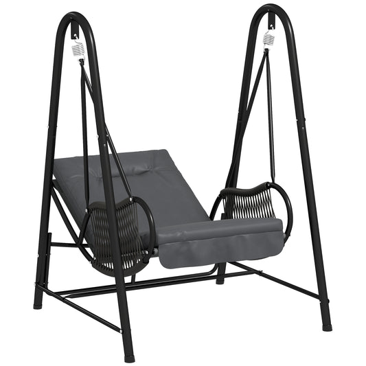 Photo of Outsunny Rattan Swing Chair, Outdoor Garden Hanging Swing Seat with Stand and Seat Cushion, Porch Hanging Chair for Balcony, Garden, Deck, Dark Grey in Grey colour on a white background
