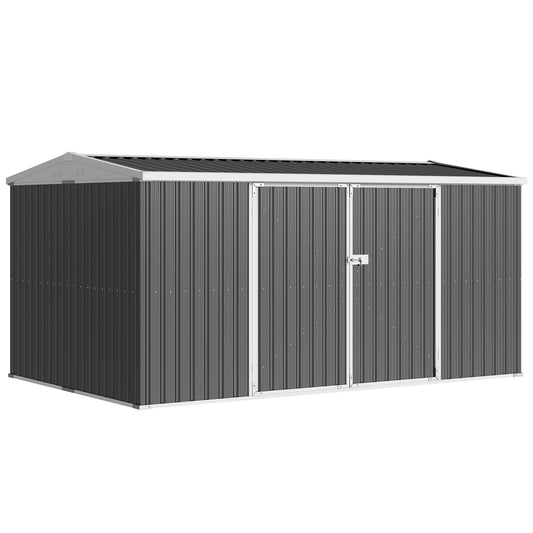 Photo of Outsunny 14 x 8ft Outdoor Garden Metal Storage Shed with Lockable Door, Tool Storage Box for Garden, Patio and Lawn, Grey in Grey colour on a white background