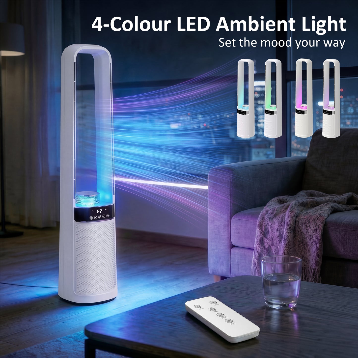 HOMCOM Bladeless Tower Fan, 36dB Standing Cooling Fan with Oscillating, LED Lights, 3 Speeds, 12H Timer, Remote Control