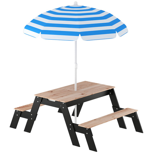 Photo of AIYAPLAY Kids Garden Furniture with Parasol, 3 in 1 Wooden Sand and Water Table with 2 Hidden Play Boxes for Patio, Ages 3-6 in 3-6 colour on a white background