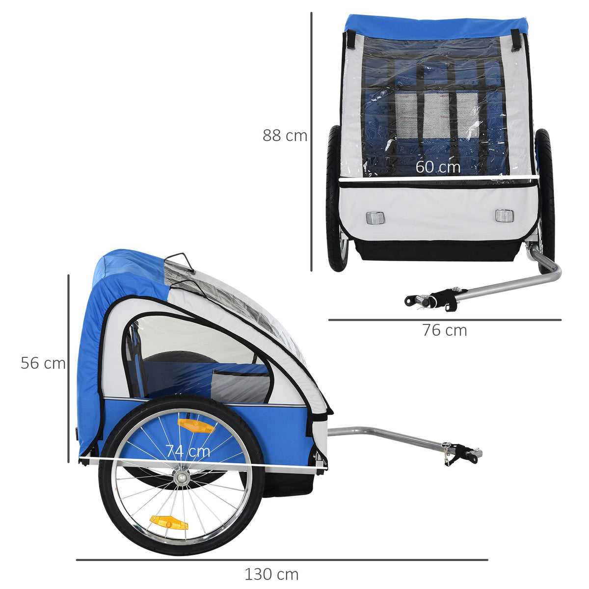 HOMCOM blue and white child bike trailer shown from the side and front with dimensions