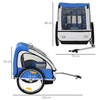 HOMCOM blue and white child bike trailer shown from the side and front with dimensions