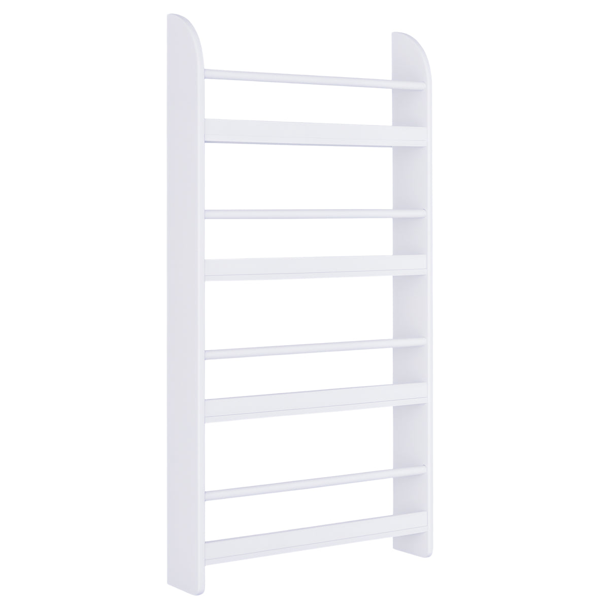 White four-tier wall-mounted bookcase with slim shelves and raised side panels.