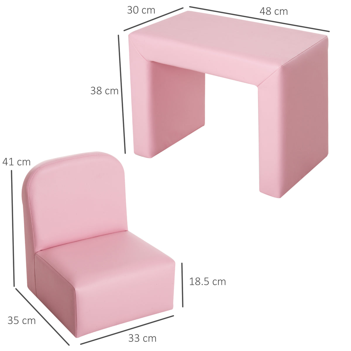 Pink toddler sofa chair and convertible table with dimensions shown
