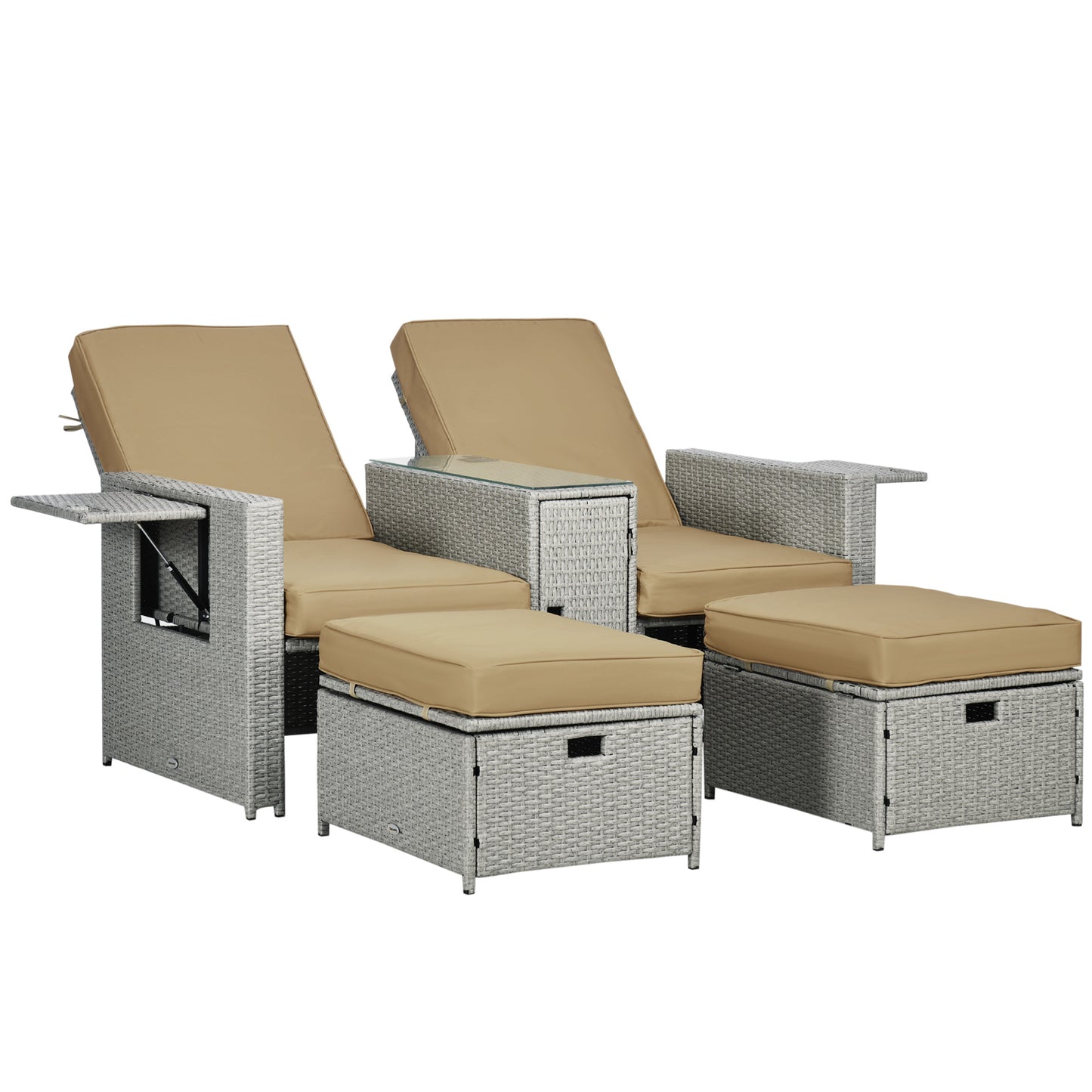 Photo of Outsunny 5PC PE Rattan Sun Lounger, Outdoor Wicker 5-level Adjustable Recliner Sofa Bed with Storage Side Table and Footstools, for Patio, Garden, Poolside, Beige in Beige colour on a white background