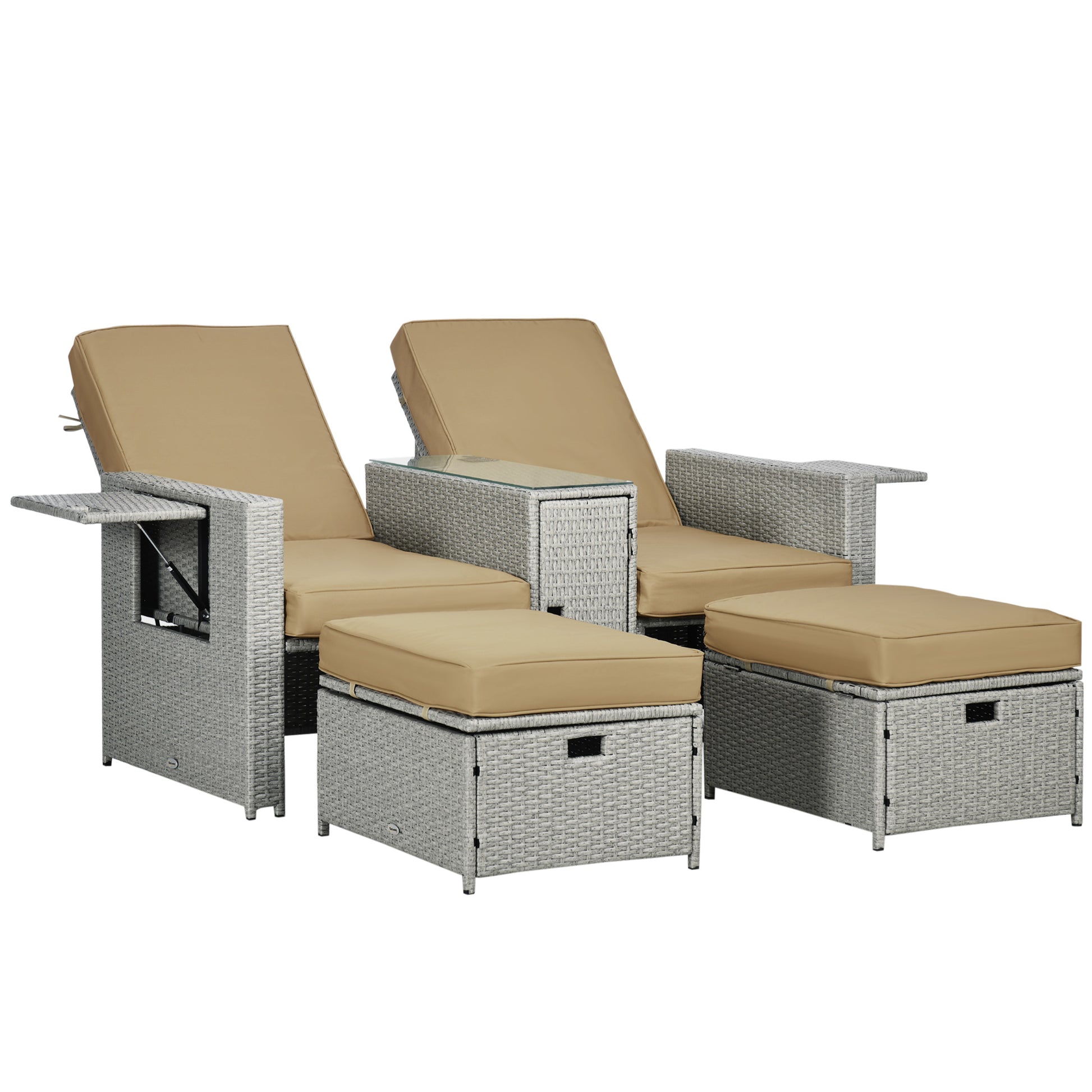 Photo of Outsunny 5PC PE Rattan Sun Lounger, Outdoor Wicker 5-level Adjustable Recliner Sofa Bed with Storage Side Table and Footstools, for Patio, Garden, Poolside, Beige in Beige colour on a white background