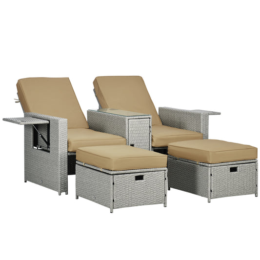 Photo of Outsunny 5PC PE Rattan Sun Lounger, Outdoor Wicker 5-level Adjustable Recliner Sofa Bed with Storage Side Table and Footstools, for Patio, Garden, Poolside, Beige in Beige colour on a white background