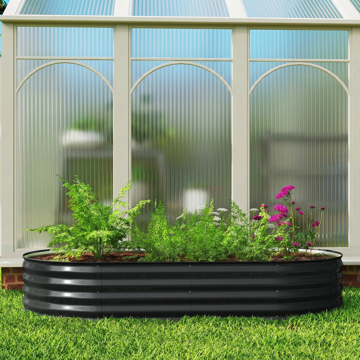 Outsunny Galvanised Raised Garden Bed, Metal Planter Box with Safety Edging, for Flowers, Herbs, Succulents, Dark Grey