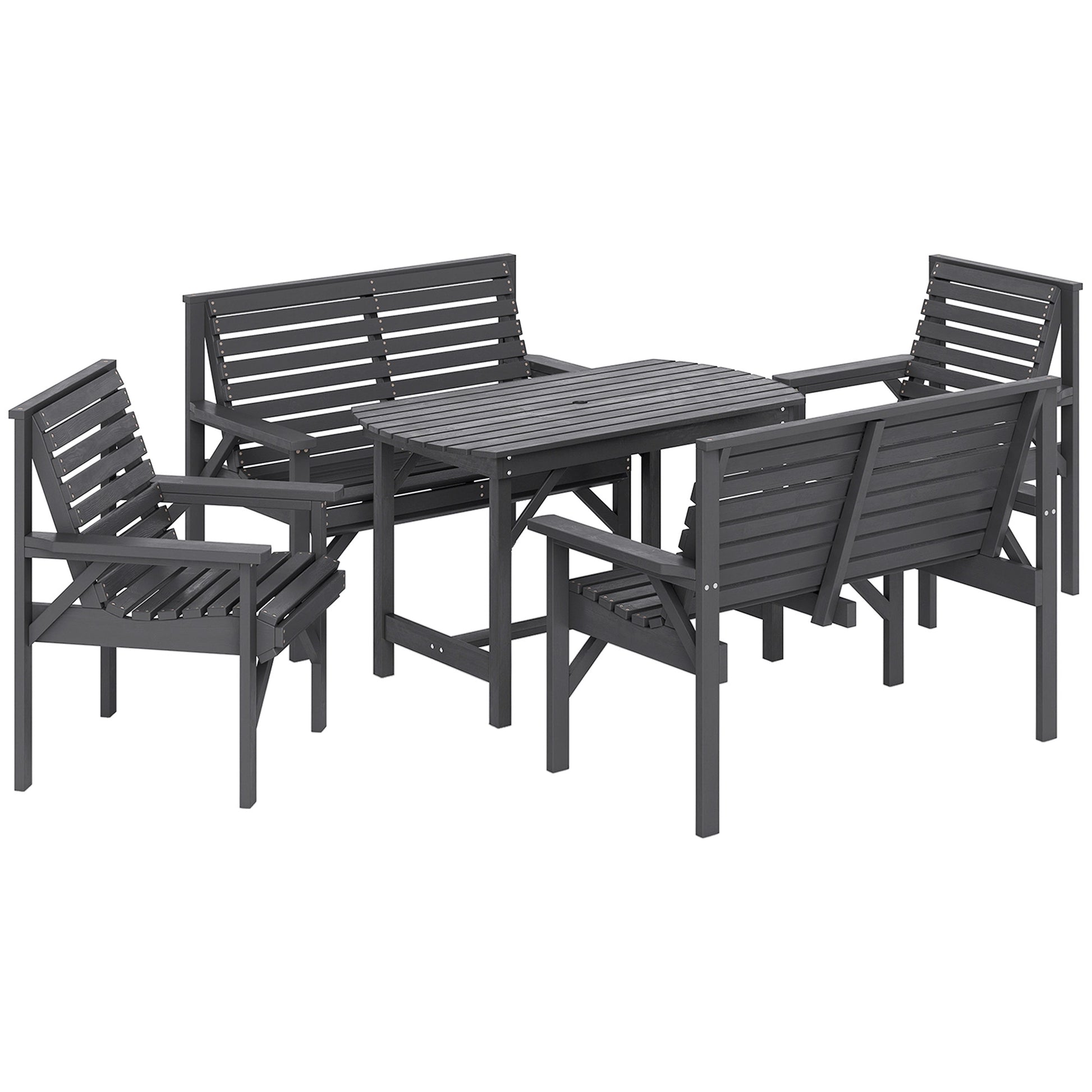 Photo of Outsunny 5 Piece Wooden Garden Dining Set for 6, Outdoor Conversation Set with 2 Armchairs, 2 Loveseats and Dining Table with Umbrella Hole for Patio, Balcony, Grey in Grey colour on a white background