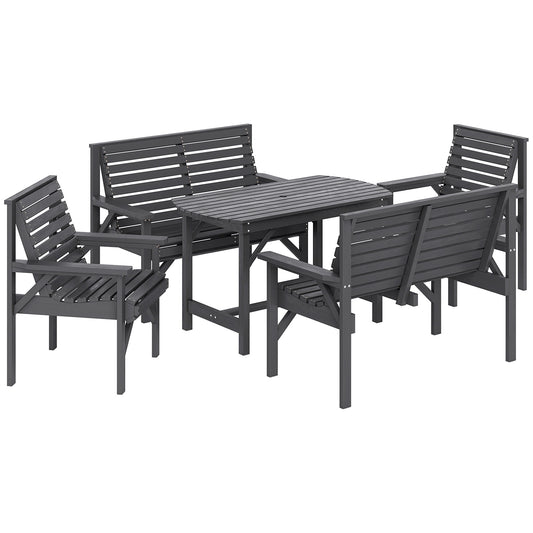 Photo of Outsunny 5 Piece Wooden Garden Dining Set for 6, Outdoor Conversation Set with 2 Armchairs, 2 Loveseats and Dining Table with Umbrella Hole for Patio, Balcony, Grey in Grey colour on a white background