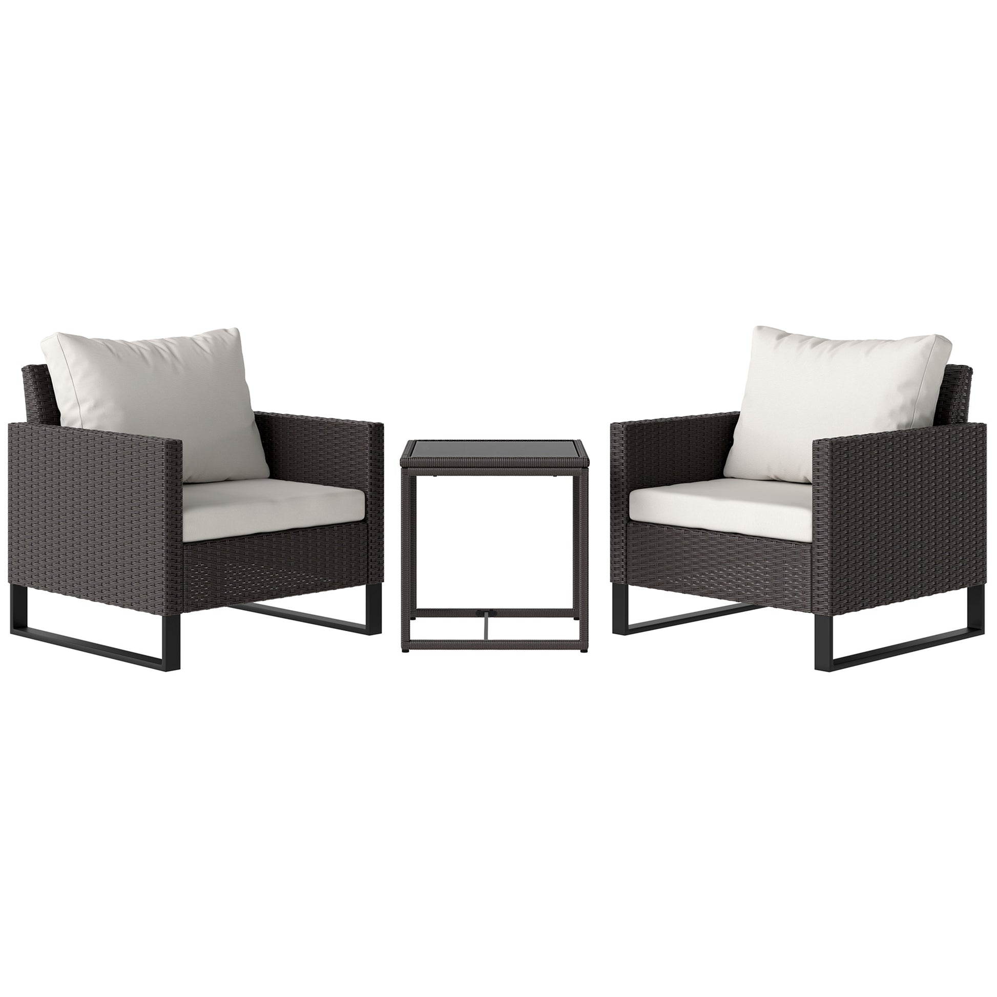 Photo of Outsunny 3 Pieces Rattan Bistro Set with 4 Cushions, Wicker Garden Furniture Set, Glass Top Coffee Table and Chairs for Outdoor Patio, Balcony, Terrace and Conservatory, Brown in Brown colour on a white background