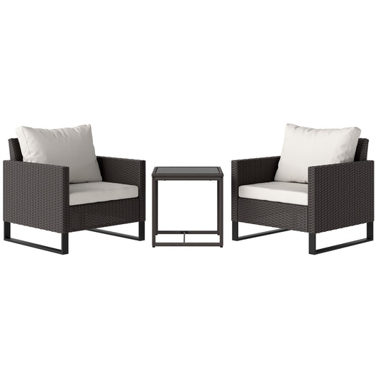 Photo of Outsunny 3 Pieces Rattan Bistro Set with 4 Cushions, Wicker Garden Furniture Set, Glass Top Coffee Table and Chairs for Outdoor Patio, Balcony, Terrace and Conservatory, Brown in Brown colour on a white background
