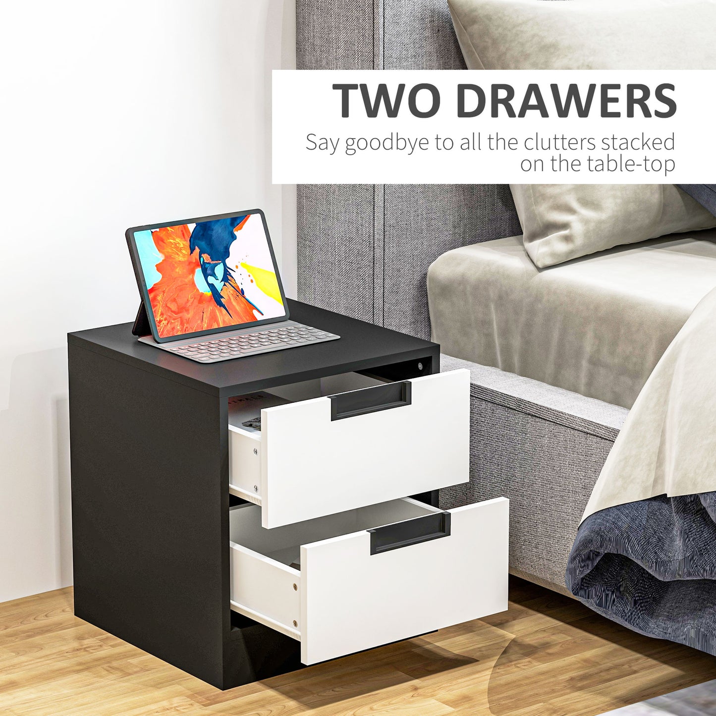 HOMCOM Bedroom Furniture Set, Wardrobe with Hanging Rod, 4 Drawer Chest of Drawers, 2 Bedside Tables with Storage, White and Black