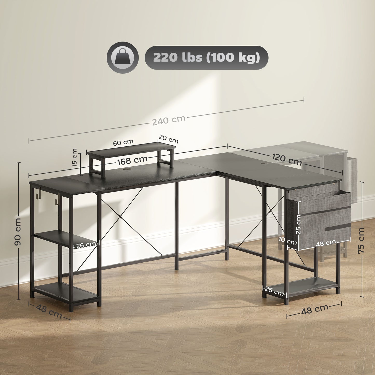HOMCOM 168cm Reversible L Shaped Desk, Industrial Corner Computer Desk with Adjustable Shelf and Storage Bag, 240cm 2 Person PC Table with Monitor Stand, Black