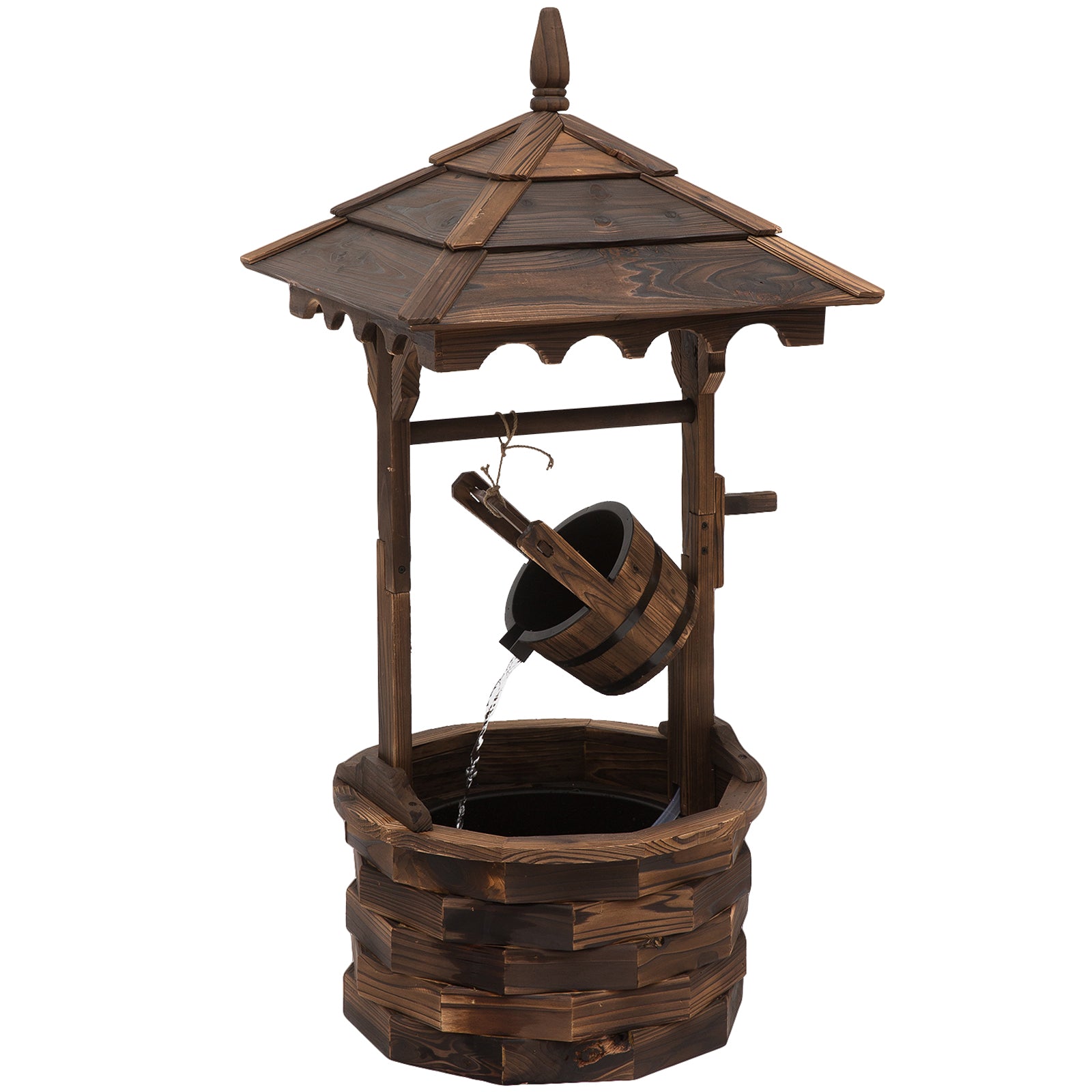 Photo of Outsunny Wooden Garden Wishing Well Fountain Barrel Waterfall Rustic Wood with Pump Garden Décor Ornament in Ornament colour on a white background