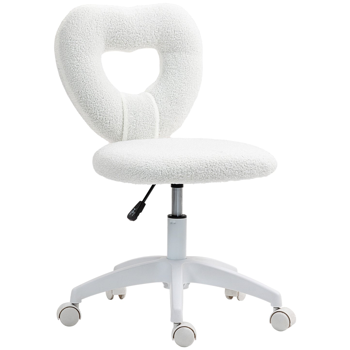 Photo of HOMCOM Armless Heart Computer Desk Chair, Teddy Fleece Swivel Office Chair, Makeup Vanity Chair with Height Adjustable, Wheels, for Home Study Bedroom, White in White colour on a white background