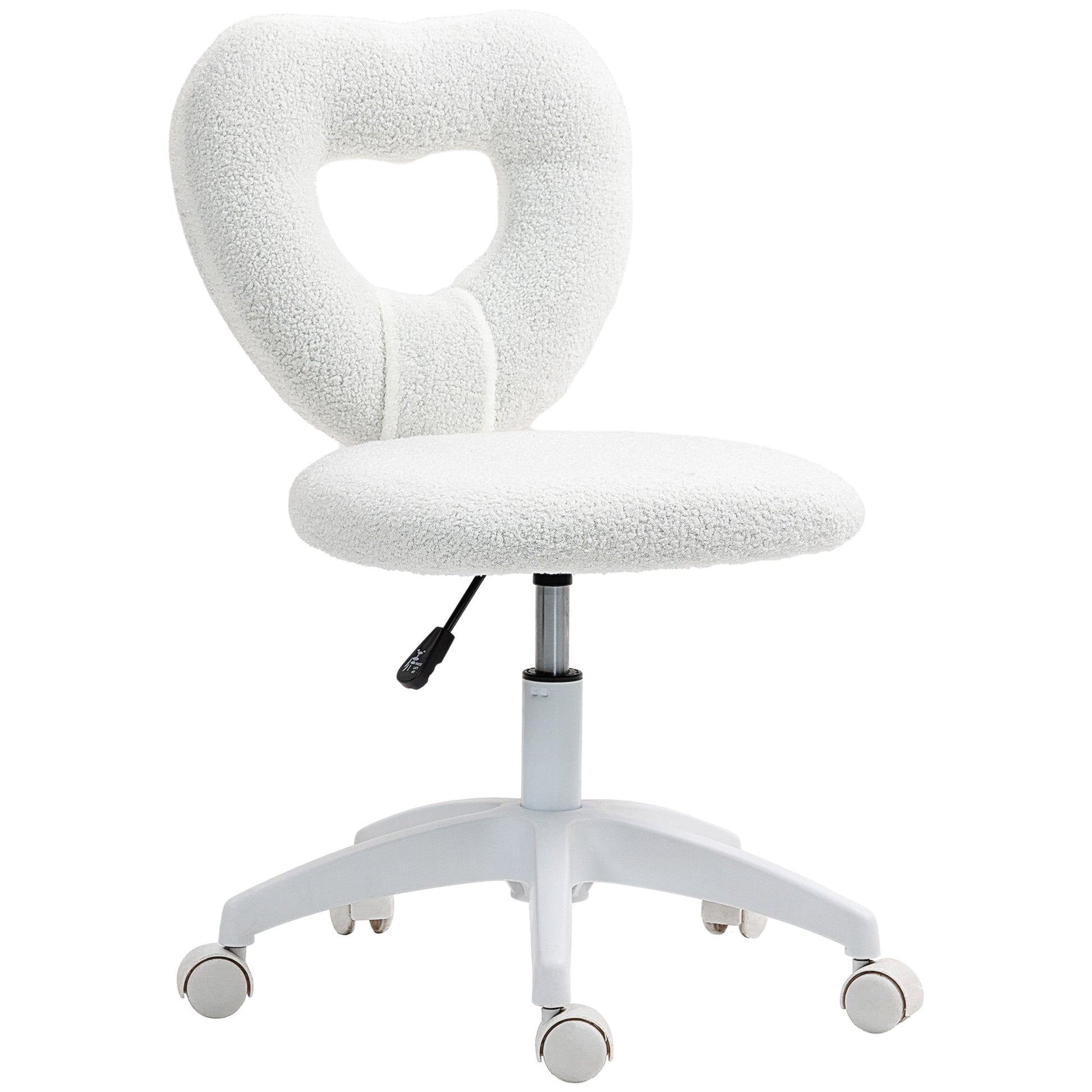Photo of HOMCOM Armless Heart Computer Desk Chair, Teddy Fleece Swivel Office Chair, Makeup Vanity Chair with Height Adjustable, Wheels, for Home Study Bedroom, White in White colour on a white background