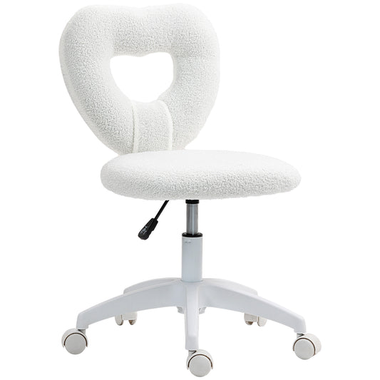 Photo of HOMCOM Armless Heart Computer Desk Chair, Teddy Fleece Swivel Office Chair, Makeup Vanity Chair with Height Adjustable, Wheels, for Home Study Bedroom, White in White colour on a white background