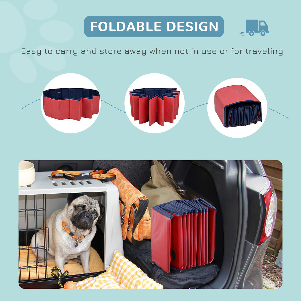 PawHut Foldable Dog Pool for Puppies and Ducks, Thickened PVC Dog Paddling Pool Bath Tub Hard Board, Anti-Slip Bottom and Drainage Hole, 120 x 30cm, Red and Blue