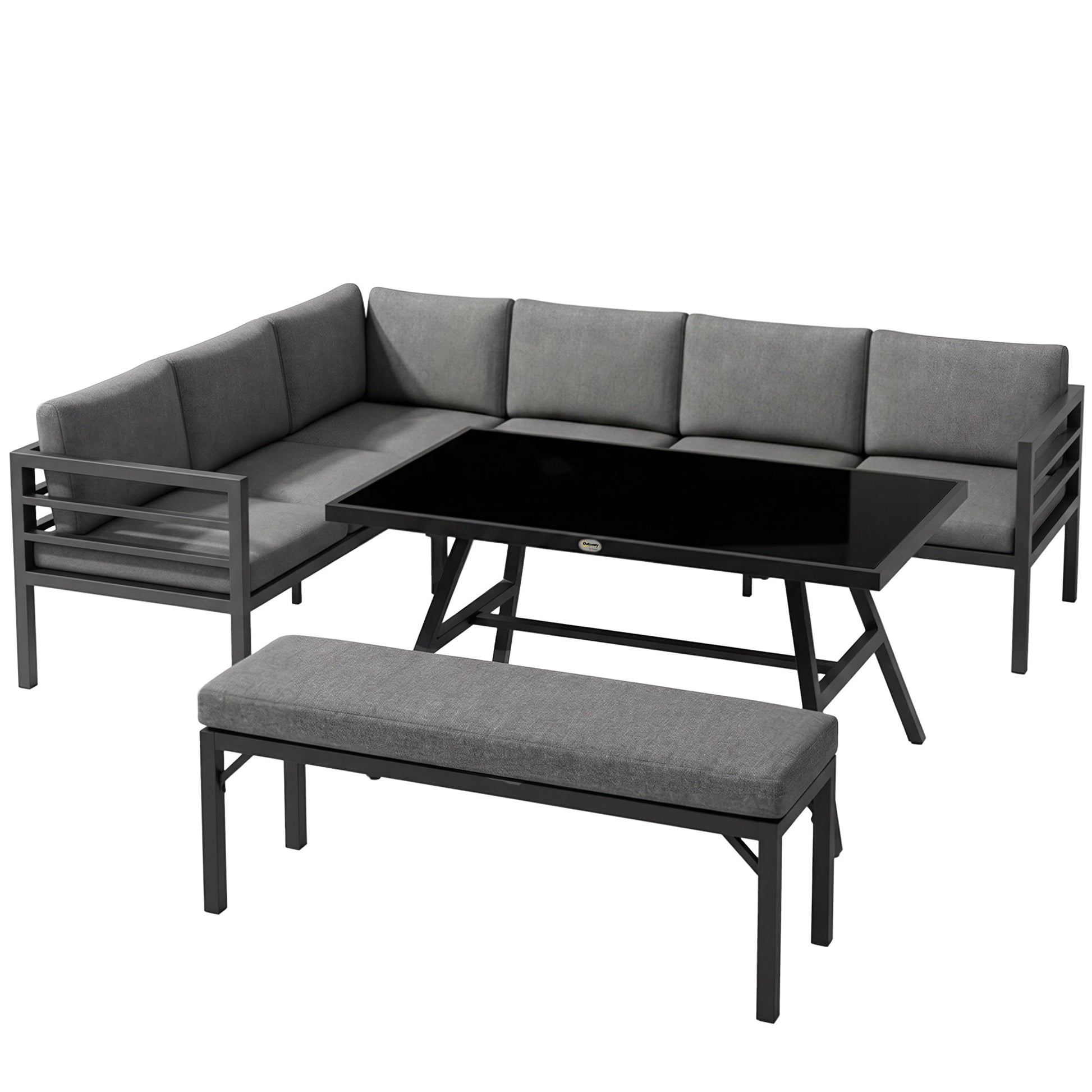 Photo of Outsunny 4 Piece L-shaped Garden Furniture Set 8-Seater Aluminium Outdoor Dining Set Conversation Sofa Set w/ Bench, Dining Table & Cushions, Grey in Cushions, Grey colour on a white background