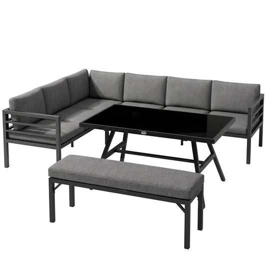 Photo of Outsunny 4 Piece L-shaped Garden Furniture Set 8-Seater Aluminium Outdoor Dining Set Conversation Sofa Set w/ Bench, Dining Table & Cushions, Grey in Cushions, Grey colour on a white background