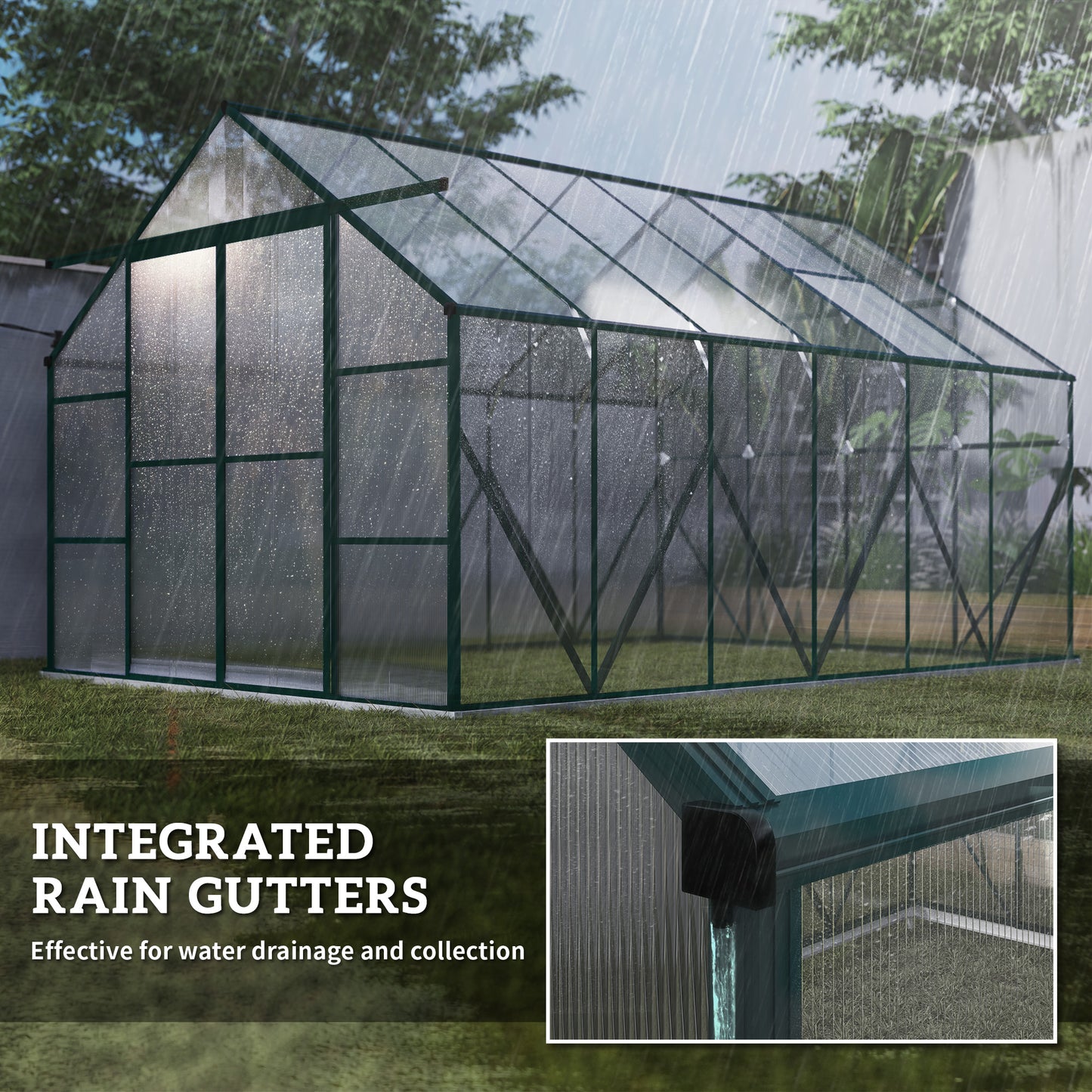 Outsunny 8 x 12ft Aluminium Greenhouse Polycarbonate Walk in Garden Greenhouse Kit with Adjustable Roof Vent, Double Sliding Door, Rain Gutter and Foundation, Clear