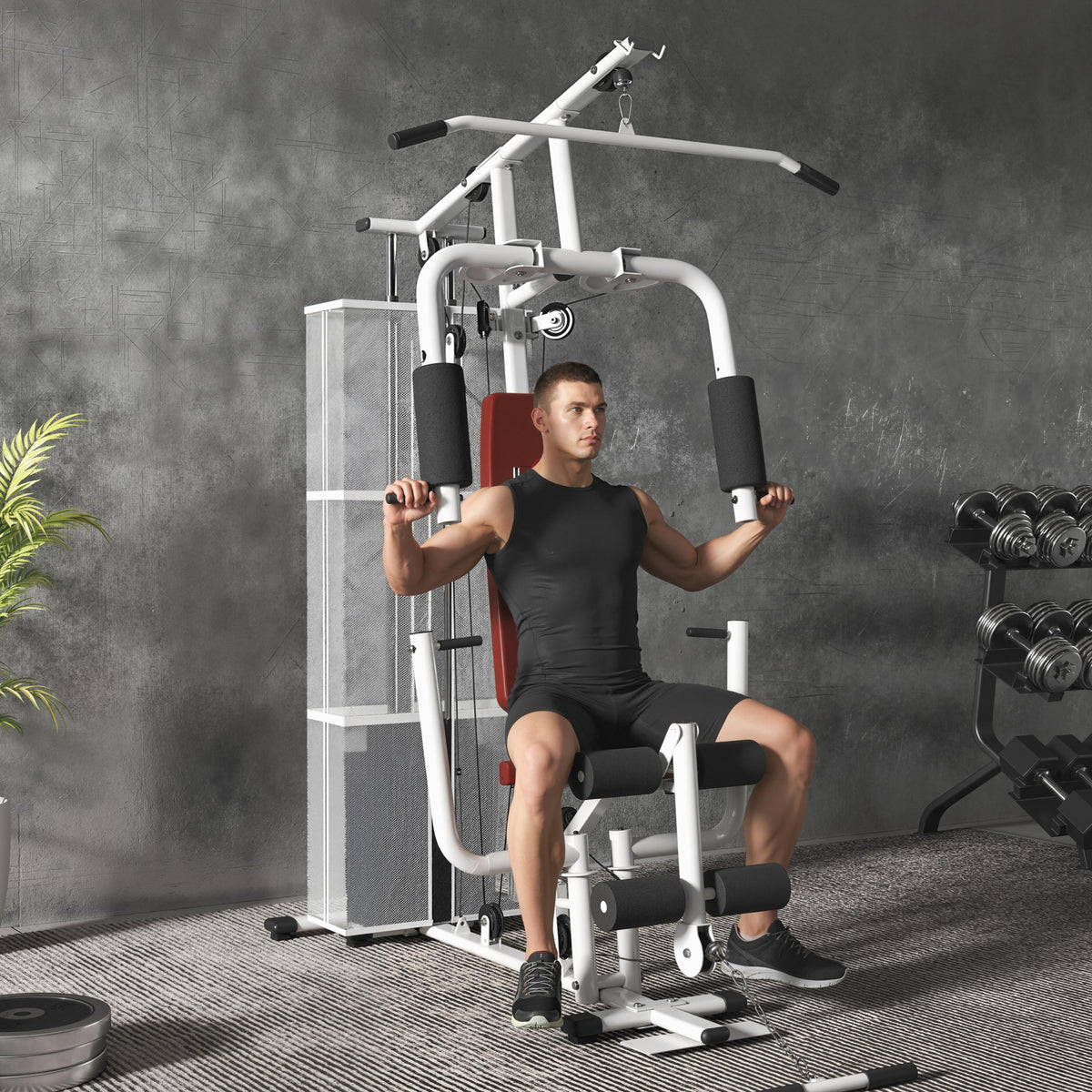 HOMCOM Home Multi Gym Large Multifunction Sturdy Strength Training Machine for Home Workout, White