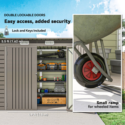 Steel shed with open lockable doors, storage shelves and a low entry ramp