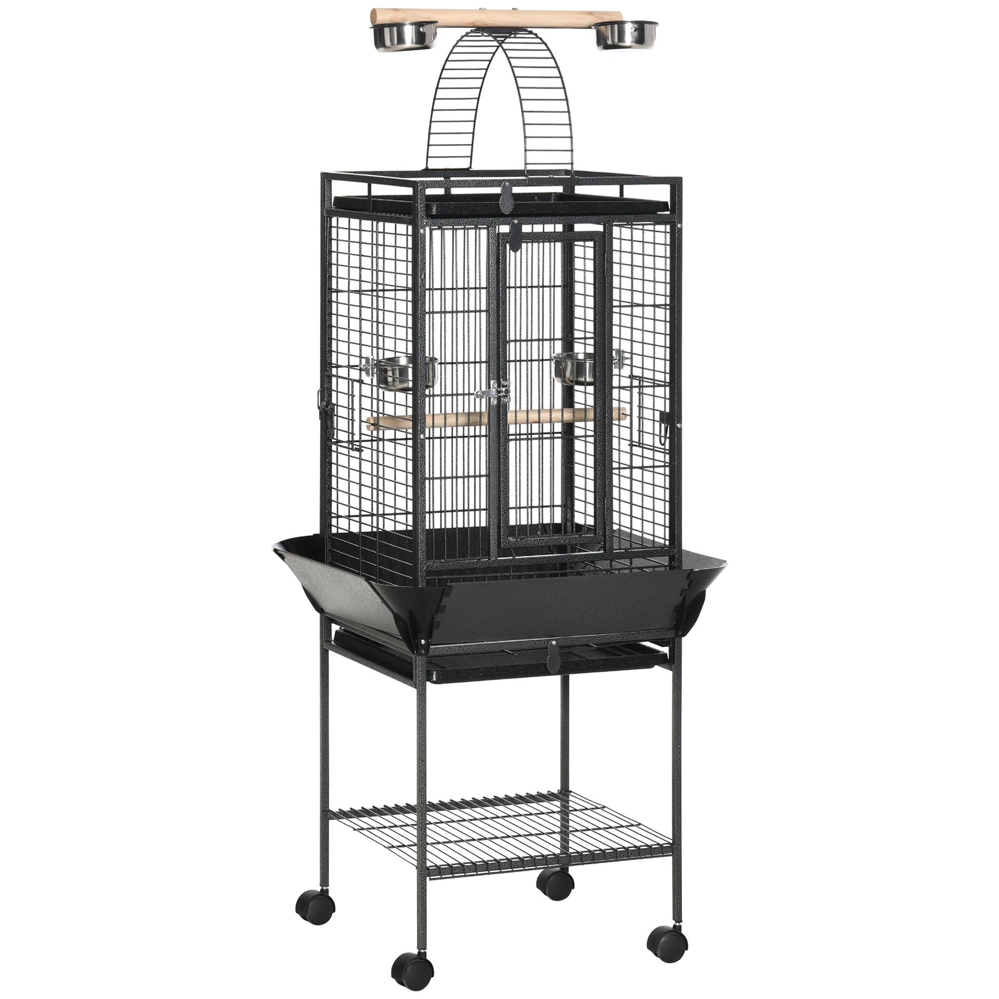 Photo of PawHut 156cm Bird Cage,Large Parrot Cage with Open Play Top, Perch, Seed Guard, Wheels, Storage Shelf, Dark Grey in Grey colour on a white background
