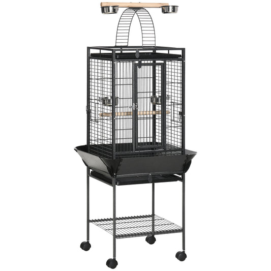 Photo of PawHut 156cm Bird Cage,Large Parrot Cage with Open Play Top, Perch, Seed Guard, Wheels, Storage Shelf, Dark Grey in Grey colour on a white background