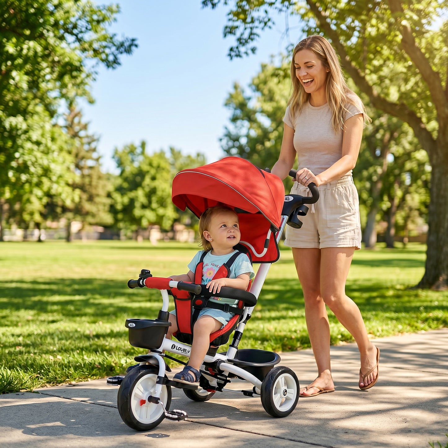HOMCOM Metal Frame 6 in 1 Baby Push Tricycle with Parent Handle for 1-5 Years Old, Red
