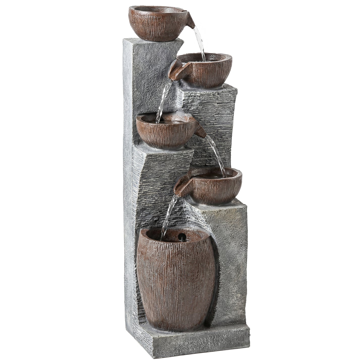Photo of Outsunny Outdoor Fountain with 5-Tier, Garden Fountain with LED Lights, Adjustable Flow, Grey and Rustic Brown in Brown colour on a white background