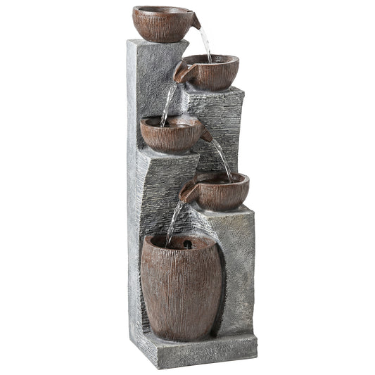 Photo of Outsunny Outdoor Fountain with 5-Tier, Garden Fountain with LED Lights, Adjustable Flow, Grey and Rustic Brown in Brown colour on a white background