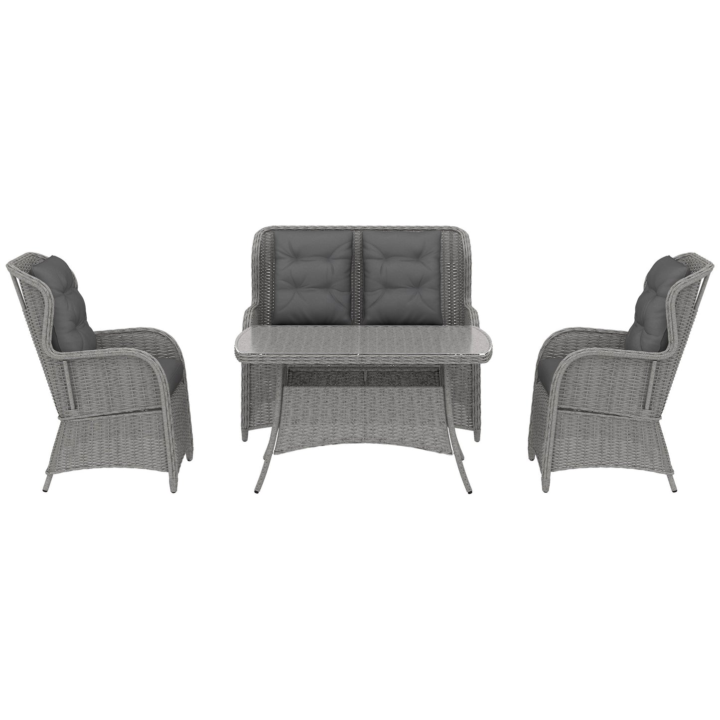 Photo of Outsunny Garden PE Rattan Dining Sofa Set, Outdoor 4 Seater Wicker Furniture, High Back Chairs with Cushions, Tempered Glass Coffee Table for Patio, Light Grey in Grey colour on a white background