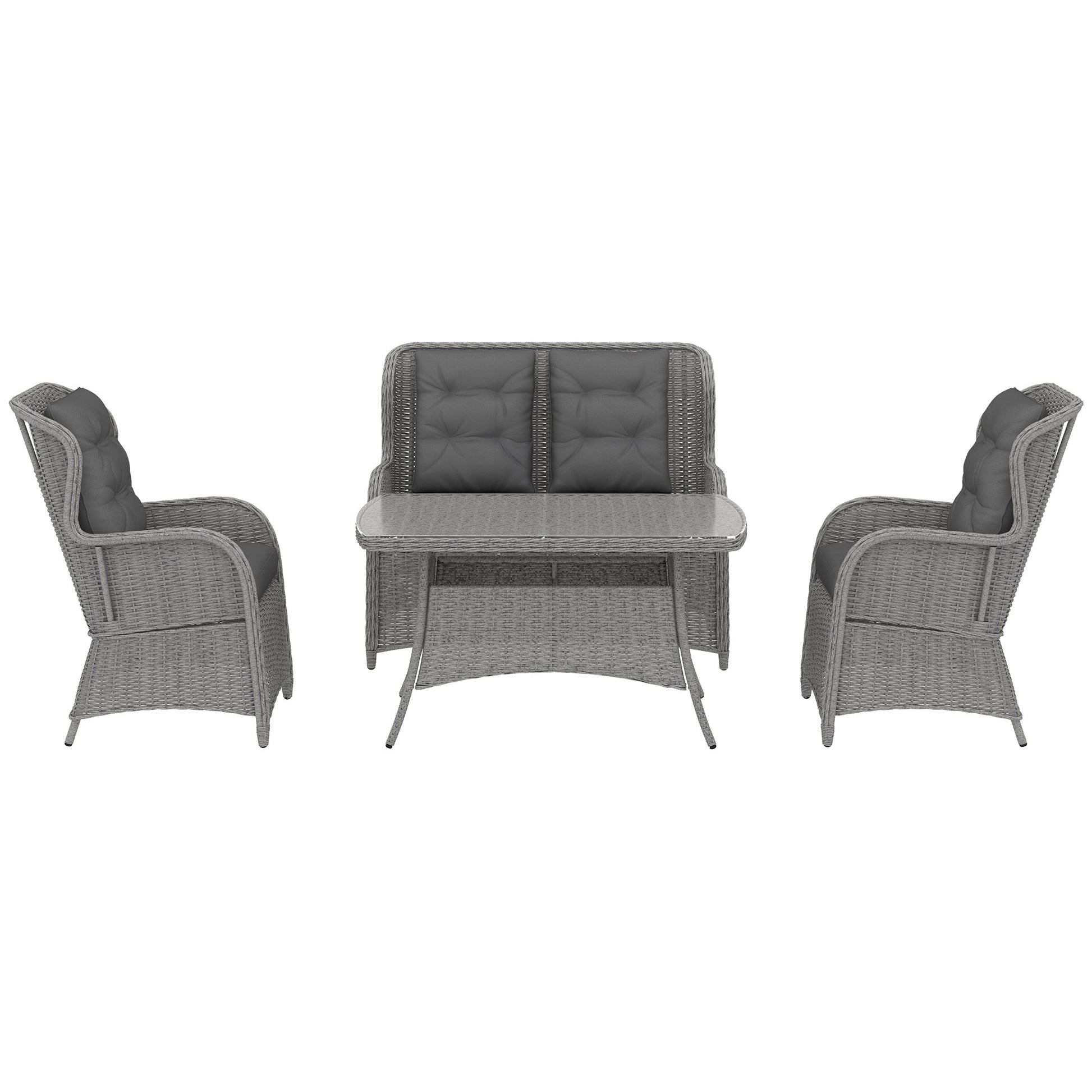 Photo of Outsunny Garden PE Rattan Dining Sofa Set, Outdoor 4 Seater Wicker Furniture, High Back Chairs with Cushions, Tempered Glass Coffee Table for Patio, Light Grey in Grey colour on a white background