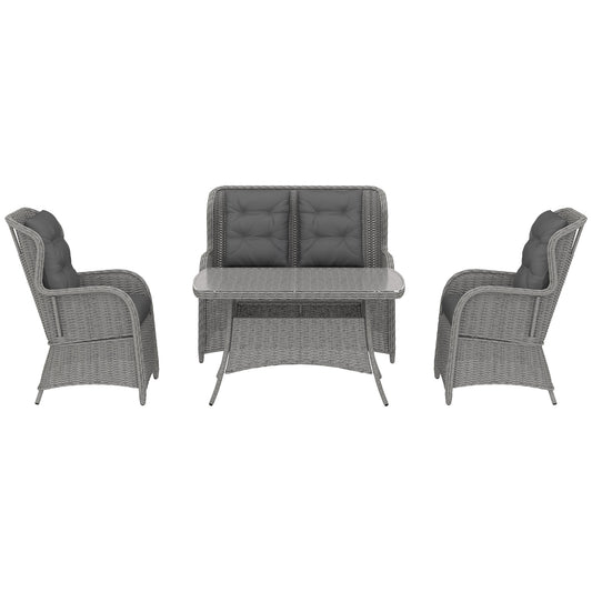 Photo of Outsunny Garden PE Rattan Dining Sofa Set, Outdoor 4 Seater Wicker Furniture, High Back Chairs with Cushions, Tempered Glass Coffee Table for Patio, Light Grey in Grey colour on a white background