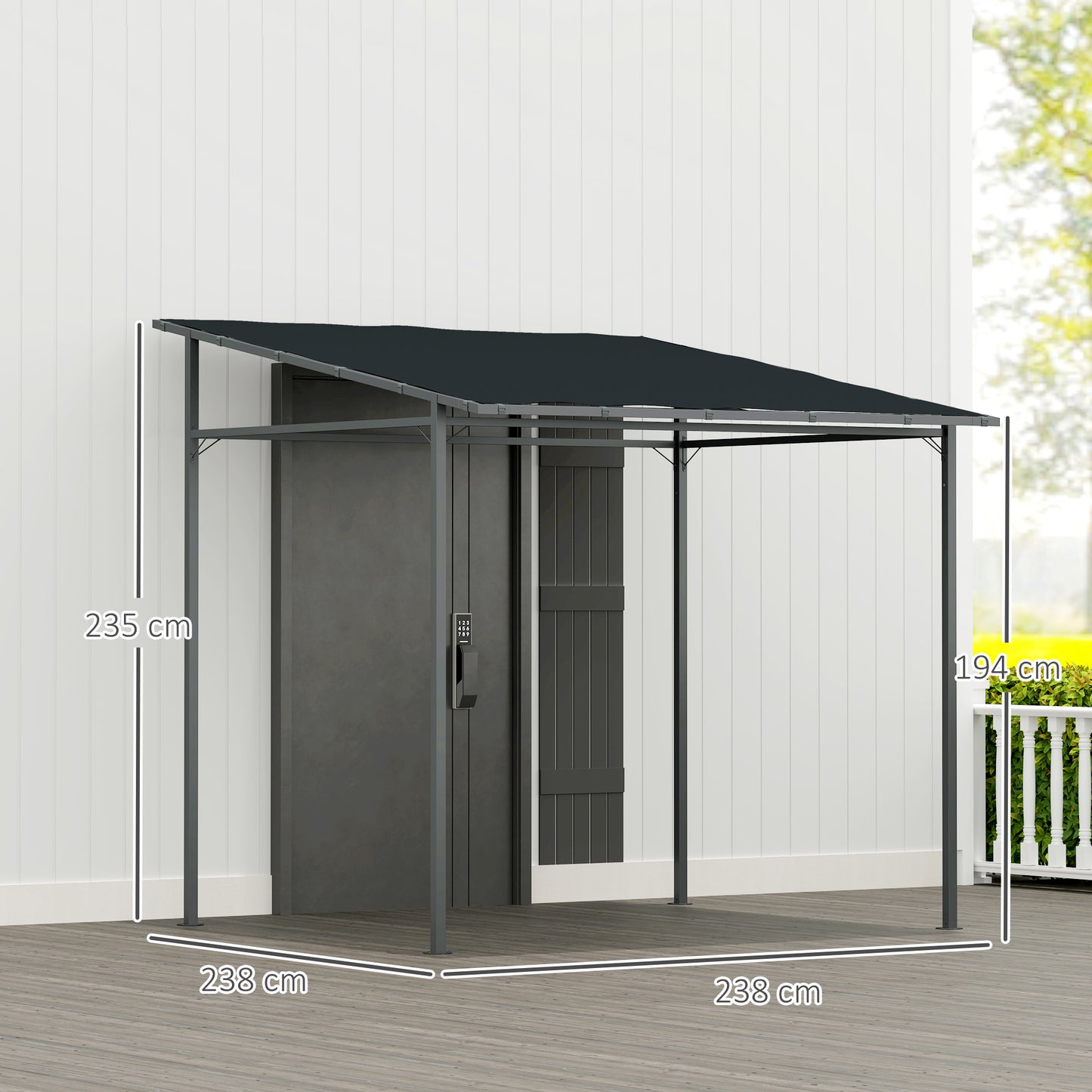 Outsunny 2.4 x 2.4 m Wall Mounted Pergola Gazebo with PA Coating Fabric and Metal Frame, UPF30+, Lean to Garden Gazebo, Wind Resistant Outdoor Sun Shade Shelter for Garden, Deck, Dark Grey