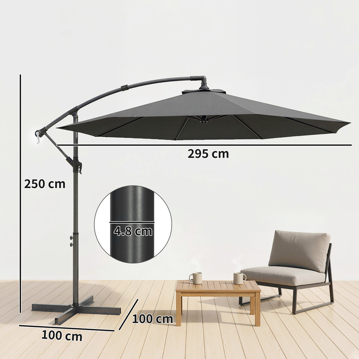 Outsunny 3m Overhanging Cantilever Parasol, with Cross Base - Grey