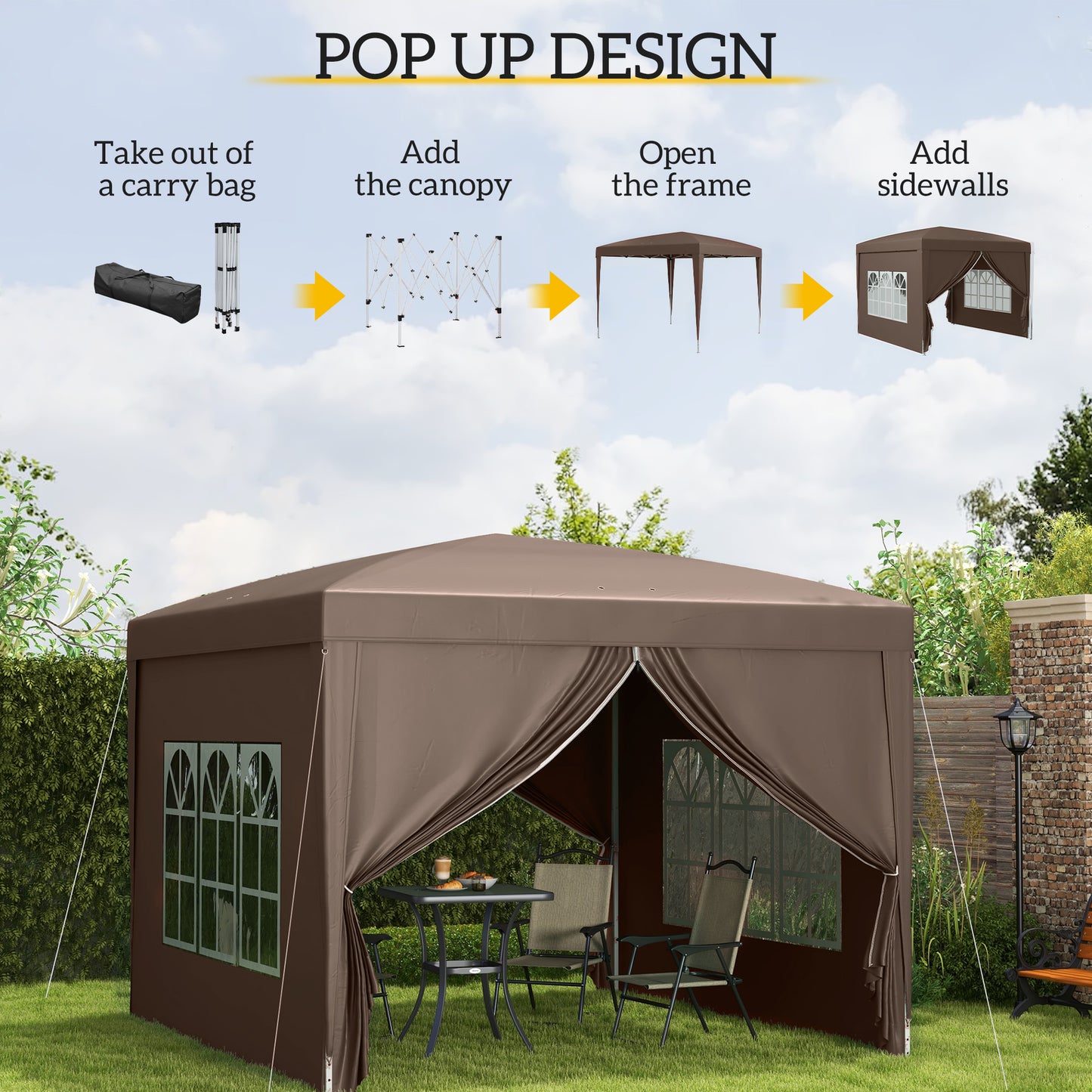 Outsunny 3x3(m) Pop-Up Gazebo, with Curtain Walls and Windows, Coffee