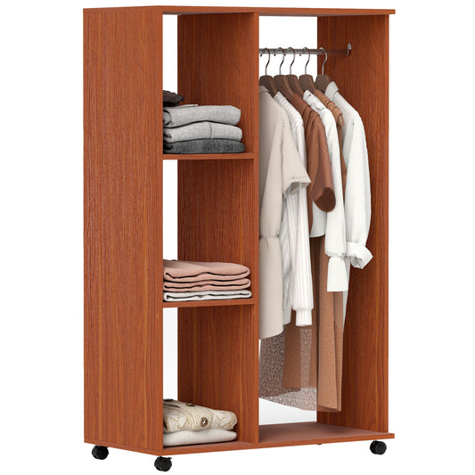 Photo of HOMCOM Open Wardrobe on Wheels, Bedroom Wardrobe with Clothes Hanging Rail, 3 Storage Shelves, Mobile Garment Rack for Cloakroom, Hallway, Walnut in Walnut colour on a white background